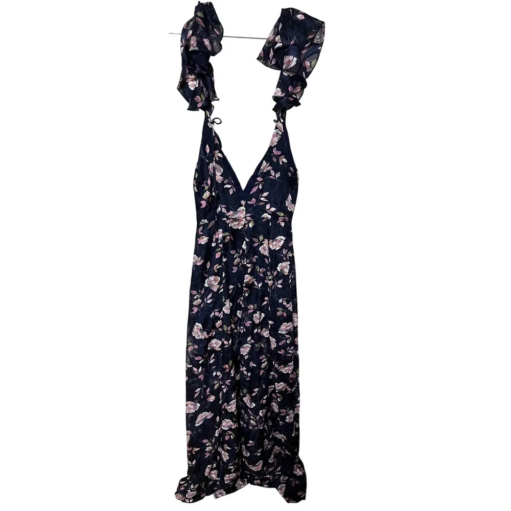 Lulus Navy Floral Print‎ Ruffle Strap Maxi Dress Size S - Picture 2 of 5